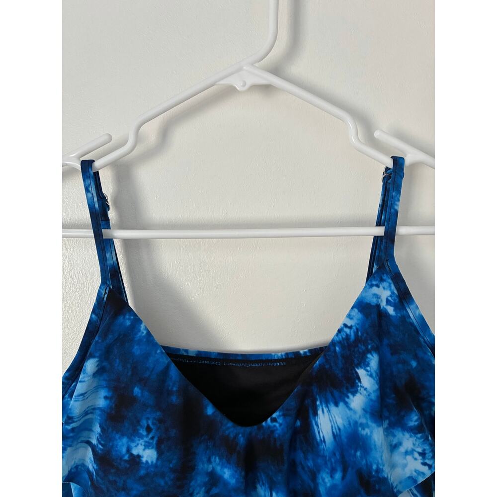 Aqua Green Blue Tie Dye Layered V-Neck Tankini Built In Shelf Bra Size L - Picture 6 of 11